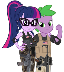Size: 1807x2048 | Tagged: safe, artist:edy_january, artist:georgegarza01, edit, vector edit, sci-twi, spike, twilight sparkle, human, equestria girls, g4, my little pony equestria girls: better together, american flag, armor, assault rifle, body armor, brother and sister, call of duty, call of duty: modern warfare 2, camouflage, clothes, equipment, female, geode of telekinesis, glock 17, gun, handgun, human spike, humanized, ibispaint x, link in description, logo, looking at you, m1911, magical geodes, male, marine, marines, military, military uniform, pistol, rifle, siblings, simple background, soldier, soldiers, special forces, submachinegun, tactical squad, transparent background, uniform, usmc, vector, vector used, weapon