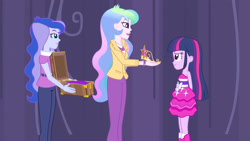 Size: 3072x1727 | Tagged: safe, screencap, princess celestia, princess luna, principal celestia, twilight sparkle, vice principal luna, human, equestria girls, g4, my little pony equestria girls, bare shoulders, big crown thingy, boots, element of magic, fall formal outfits, female, jewelry, open mouth, open smile, regalia, shoes, sleeveless, smiling, strapless, trio, trio female, twilight ball dress