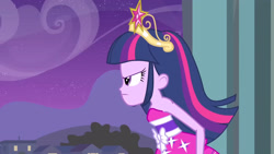Size: 3072x1727 | Tagged: safe, screencap, twilight sparkle, human, equestria girls, g4, my little pony equestria girls, bare shoulders, big crown thingy, canterlot high, clothes, dress, element of magic, fall formal outfits, female, frown, jewelry, night, regalia, sleeveless, sleeveless dress, solo, strapless, twilight ball dress
