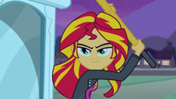 Size: 3072x1727 | Tagged: safe, screencap, sunset shimmer, human, equestria girls, g4, my little pony equestria girls, clothes, cutie mark on clothes, female, hammer, jacket, leather, leather jacket, night, smiling, solo, statue