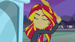 Size: 3072x1727 | Tagged: safe, screencap, sunset shimmer, human, equestria girls, g4, my little pony equestria girls, clothes, cutie mark on clothes, eyes closed, female, hammer, jacket, leather, leather jacket, lip bite, night, smiling, solo, statue