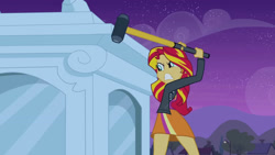 Size: 3072x1727 | Tagged: safe, screencap, sunset shimmer, human, equestria girls, g4, my little pony equestria girls, clothes, cutie mark on clothes, female, hammer, jacket, leather, leather jacket, night, solo, statue