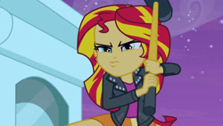 Size: 3072x1727 | Tagged: safe, screencap, sunset shimmer, human, equestria girls, g4, my little pony equestria girls, clothes, faic, female, hammer, jacket, leather, leather jacket, night, solo, statue