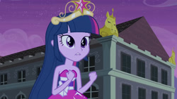 Size: 3072x1727 | Tagged: safe, screencap, twilight sparkle, human, equestria girls, g4, my little pony equestria girls, bare shoulders, big crown thingy, canterlot high, element of magic, fall formal outfits, female, jewelry, lip bite, night, regalia, sleeveless, solo, strapless, twilight ball dress