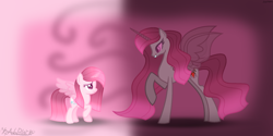 Size: 1279x640 | Tagged: safe, artist:koadablack, oc, oc only, oc:annisa trihapsari, alicorn, earth pony, pony, series:the legend of tenderheart, duo, duo female, earth pony oc, evil smile, female, grin, height difference, long hair, looking at each other, looking at someone, mare, not pinkamena, physique difference, raised hoof, sad, slender, smiling, thin