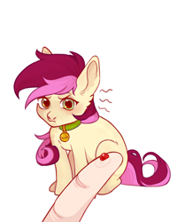 Size: 3104x3558 | Tagged: safe, artist:terada, roseluck, earth pony, human, pony, g4, behaving like a cat, blood, collar, commission, commissioner:doom9454, duo, finger, frown, high res, implied biting, offscreen character, pet tag, ponified animal photo, pony pet, rosepet, simple background, solo focus, white background