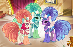 Size: 920x590 | Tagged: safe, gameloft, emerald flare, sapphire sequins, sunset circus, earth pony, pony, g4, my little pony: magic princess, burlesque dancers, cropped, feather, female, headdress, mare, midriff, performer, show mares, showgirl, slender, thin, trio