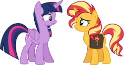 Size: 5693x3000 | Tagged: safe, artist:cloudy glow, sunset shimmer, twilight sparkle, alicorn, pony, unicorn, equestria girls, equestria girls specials, g4, my little pony equestria girls: better together, my little pony equestria girls: forgotten friendship, bag, duo, duo female, female, looking at each other, looking at someone, saddle bag, simple background, transparent background, twilight sparkle (alicorn), vector
