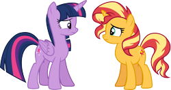 Size: 5693x3000 | Tagged: safe, alternate version, artist:cloudy glow, sunset shimmer, twilight sparkle, alicorn, pony, unicorn, equestria girls, equestria girls series, forgotten friendship, g4, duo, duo female, female, looking at each other, looking at someone, simple background, transparent background, twilight sparkle (alicorn), vector