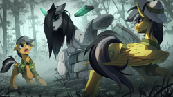 Size: 2600x1463 | Tagged: safe, artist:redchetgreen, daring do, quibble pants, earth pony, ghost, ghost pony, pegasus, pony, unicorn, clothes, duo, female, fog, forest, glowing, glowing horn, hat, high res, horn, magic, magic aura, male, open mouth, ponified, sadako, telekinesis, the ring, tree, trio, vhs, well