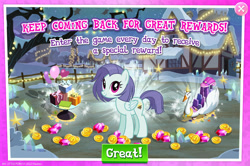 Size: 1957x1300 | Tagged: safe, gameloft, lavender sunrise, pegasus, pony, g4, my little pony: magic princess, advertisement, background character, background pony, balloon, balloon pop, coin, english, female, folded wings, gem, introduction card, kart, las pegasus resident, mare, mobile game, numbers, present, solo, table, text, wings