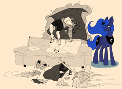 Size: 3165x2300 | Tagged: safe, artist:ponny, part of a set, princess luna, oc, oc:femanon, human, pony, g4, broom, cleaning, clothes, couch, duo, female, high res, human and pony, magic, mare, messy, neet, sleeping, sweeping, telekinesis, trash