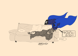 Size: 3165x2300 | Tagged: safe, artist:ponny, part of a set, princess luna, oc, oc:femanon, human, g4, blanket, clean, clothes, couch, duo, female, forehead kiss, high res, kissing, mare, neet, pillow, shoes, simple background, sleeping, socks, speech bubble