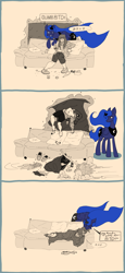 Size: 3165x6900 | Tagged: safe, artist:ponny, princess luna, oc, oc:femanon, alicorn, human, pony, g4, blanket, broom, clean, cleaning, comic, couch, duo, female, forehead kiss, human and pony, kissing, magic, mare, messy, neet, pillow, sleeping, speech bubble, sweeping, telekinesis, trash
