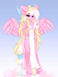 Size: 1549x2048 | Tagged: safe, artist:shooshaa, oc, oc only, oc:bay breeze, pegasus, anthro, unguligrade anthro, bow, breasts, choker, cleavage, clothes, dress, female, hair bow, heart, heart eyes, looking at you, pegasus oc, pretty, side slit, simple background, spread wings, tail, tail bow, total sideslit, white dress, wingding eyes, wings