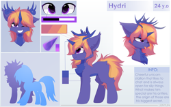 Size: 7501x4725 | Tagged: safe, artist:lunylin, oc, oc:hydri, pony, unicorn, antlers, height difference, horn, magic, male, purple horse, reference sheet, stallion, unicorn oc