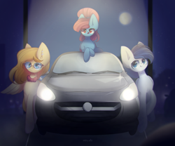 Size: 2400x2000 | Tagged: safe, artist:miryelis, oc, oc only, oc:rainven wep, pegasus, pony, big ears, car, commission, full body, high res, impossibly large ears, looking at you, night, pegasus oc, sky, smiling, standing