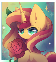 Size: 1800x2000 | Tagged: safe, artist:miryelis, sunset shimmer, pony, unicorn, g4, big ears, cute, flower, impossibly large ears, long hair, looking at you, rose, simple background, smiling, smiling at you, solo, sparkles
