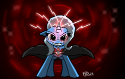 Size: 1384x881 | Tagged: safe, artist:scarletdoodle, trixie, pony, unicorn, alicorn amulet, blue coat, blue mane, cloak, clothes, dark magic, evil, evil grin, eye clipping through hair, eyebrows, eyebrows visible through hair, female, glowing, glowing eyes, glowing horn, grin, horn, magic, magic aura, mare, red eyes, smiling, solo