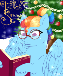 Size: 816x979 | Tagged: safe, artist:faeldra, rainbow dash, pegasus, pony, g4, book, christmas, christmas tree, cover art, dash, dictionary, glasses, holiday, night, rainbow, reading, snow, solo, tree