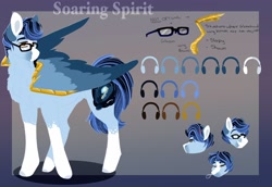 Size: 2048x1412 | Tagged: safe, artist:inisealga, oc, oc only, oc:soaring spirit, pegasus, pony, armor, chest fluff, coat markings, colored hooves, colored wings, cutie mark, glasses, male, markings, multicolored hair, multicolored mane, multicolored tail, multicolored wings, neck fluff, pegasus oc, reference sheet, socks (coat markings), spread wings, stallion, tail, three toned wings, wing armor, wing brace, wings