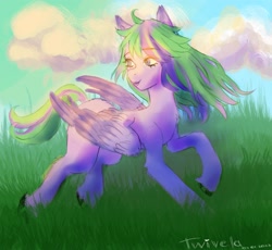 Size: 2265x2087 | Tagged: safe, artist:twivela, oc, oc only, pegasus, pony, cloud, eyebrows, eyelashes, female, grass, high res, mare, pegasus oc, solo, wings