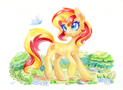 Size: 1636x1200 | Tagged: safe, artist:maytee, sunset shimmer, insect, pony, unicorn, g4, bush, colored pencil drawing, cute, female, grass, mare, rock, shimmerbetes, solo, traditional art