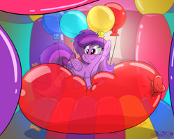 Size: 3700x2942 | Tagged: safe, artist:rupert, oc, oc:emilia starsong, pegasus, pony, balloon, balloon fetish, balloon riding, blushing, bouncy castle, color porn, commission, cute, female, fetish, high res, lying down, mare, ocbetes, pegasus oc, prone, shading, smiling, solo, squishy, that pony sure does love balloons