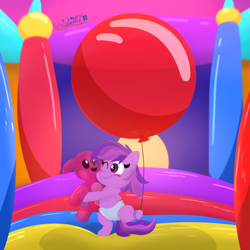 Size: 4000x4000 | Tagged: safe, artist:rupert, oc, oc:emilia starsong, pegasus, pony, balloon, belly button, blushing, bouncy castle, clothes, color porn, commission, cute, diaper, female, filly, foal, inflatable diaper, inflatable toy, lineless, looking at something, ocbetes, one eye closed, pegasus oc, plushie, see-through, see-through diaper, shading, smiling, solo, squishy, squishy cheeks, standing, standing on one leg, teddy bear, that pony sure does love balloons, transparent