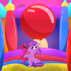 Size: 4000x4000 | Tagged: safe, alternate version, artist:rupert, oc, oc:emilia starsong, pegasus, pony, balloon, belly button, blushing, bouncy castle, color porn, commission, cute, female, filly, foal, inflatable toy, lineless, looking at something, ocbetes, one eye closed, pegasus oc, plushie, shading, smiling, solo, squishy, squishy cheeks, standing, standing on one leg, teddy bear, that pony sure does love balloons, transparent