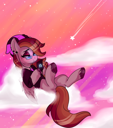 Size: 3000x3400 | Tagged: safe, artist:h0rsefeathers, oc, oc only, oc:somber gale, pegasus, pony, beanie, cellphone, clothes, cloud, earbuds, eyeshadow, female, freckles, hat, high res, makeup, mare, pegasus oc, phone, piercing, pink sky, shooting star, smartphone, smiling, solo, stars, unshorn fetlocks, wings