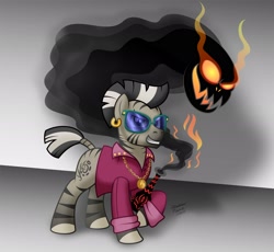 Size: 3000x2754 | Tagged: safe, artist:aleximusprime, erebus, zeb, cloud demon, demon, zebra, fanfic:fillie jean, flurry heart's story, g1, g4, clothes, duo, ear piercing, earring, evil smile, g1 to g4, generation leap, glowing, glowing eyes, gradient background, grin, high res, jewelry, looking at you, male, mohawk, necklace, piercing, shadow, sharp teeth, simple background, smiling, sunglasses, teeth, vase