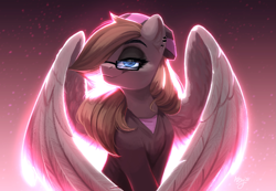 Size: 2015x1394 | Tagged: safe, artist:amishy, oc, oc only, oc:somber gale, pegasus, pony, angelic wings, bust, clothes, ear piercing, eyeshadow, feather, female, glasses, hat, light, lineless, looking at you, looking right, makeup, mare, pegasus oc, piercing, portrait, shading, simple background, smug, solo, wings