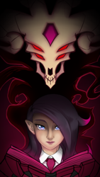 Size: 1080x1920 | Tagged: safe, artist:abyssalrabbit, fhtng th§ ¿nsp§kbl, oleander (tfh), demon, elf, human, them's fightin' herds, book, community related, duo, elf ears, female, glowing, glowing eyes, humanized, lipstick, male, necktie, red eyes, unicornomicon
