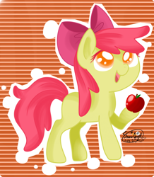 Size: 900x1033 | Tagged: safe, artist:snow angel, apple bloom, earth pony, pony, g4, apple, apple bloom's bow, bow, female, filly, foal, food, hair bow, hoof hold, open mouth, solo