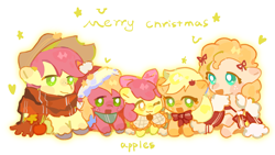 Size: 2671x1503 | Tagged: dead source, safe, artist:bubutoday, apple bloom, applejack, big macintosh, bright mac, granny smith, pear butter, earth pony, pony, g4, :3, apple family, bowtie, christmas, clothes, female, filly, foal, hat, holiday, male, mare, merry christmas, one eye closed, open mouth, santa hat, scarf, simple background, stallion, white background, wink, winter outfit