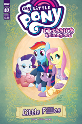 Size: 2063x3131 | Tagged: safe, artist:agnes garbowska, idw, official comic, fluttershy, rainbow dash, rarity, twilight sparkle, alicorn, pegasus, pony, unicorn, g4, my little pony classics reimagined: little fillies, official, clothes, comic cover, cover, cover art, dress, high res, holding hooves, little women, my little pony logo, twilight sparkle (alicorn)