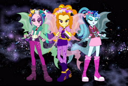 Size: 3600x2430 | Tagged: safe, adagio dazzle, aria blaze, sonata dusk, human, equestria girls, g4, aroace, aromantic, aromantic pride flag, asexual, asexual pride flag, candy, card, disguise, disguised siren, eyes closed, face paint, female, flag, food, galaxy, gender headcanon, headcanon, heart, heart crown, high res, lgbt, lgbt headcanon, lgbtq, lidded eyes, lollipop, nonbinary, nonbinary pride flag, omnisexual, omnisexual pride flag, playing card, pride, pride flag, sexuality headcanon, smiling, smirk, stars, sword, tail, the dazzlings, trio, trio female, trixic, trixic pride flag, uno, uno card, uno reverse card, weapon, wings