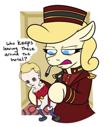 Size: 639x734 | Tagged: safe, artist:jargon scott, oc, oc only, oc:belle hop, earth pony, pony, annoyed, bellhop, cap, cigarette, clothes, dialogue, earth pony oc, female, hat, hoof hold, mare, no pupils, solo, the shining, uniform