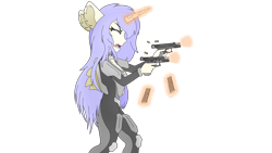 Size: 3840x2160 | Tagged: safe, artist:straighttothepointstudio, oc, oc only, earth pony, unicorn, anthro, g5, 4k, anime, anthro oc, armor, clothes, crying, digital art, ear fluff, earth pony oc, eyes closed, female, firing, glock, gun, high res, long hair, magic, open mouth, pistol, purple hair, reloading, shooting, simple background, solo, tears of pain, telekinesis, transparent background, weapon