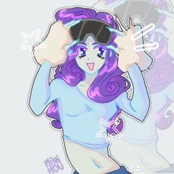 Size: 1080x1080 | Tagged: safe, artist:miwinou, rarity, human, equestria girls, g4, belly button, clothes, cute, female, goggles, goggles on head, midriff, raribetes, shirt, solo