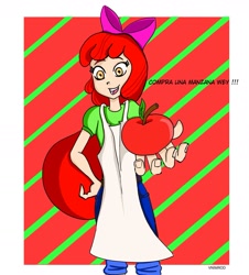 Size: 1639x1811 | Tagged: safe, artist:vnimrod, apple bloom, human, g4, apple, apple bloom's bow, apron, bow, clothes, food, hair bow, hand, humanized, looking at you, solo
