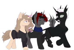 Size: 2560x1734 | Tagged: safe, artist:arina-gremyako, oc, oc:arina, oc:changelinger, oc:dandaleon, changeling, pony, unicorn, 2023 community collab, derpibooru community collaboration, belt, changeling oc, clothes, coat, coffee, coffee cup, cup, eyes closed, fangs, female, glowing, glowing horn, grin, hoodie, horn, levitation, magic, male, mare, open mouth, raised hoof, raised leg, scar, scarf, simple background, smiling, stallion, starbucks, sweater, telekinesis, transparent background, trio, white changeling
