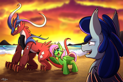 Size: 3000x2000 | Tagged: safe, artist:littletigressda, oc, oc only, oc:lunar dusk, oc:lunar ivy, bat pony, koraidon, pony, bat pony oc, beach, high res, pokémon