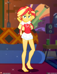 Size: 1500x1942 | Tagged: safe, artist:dieart77, sunset shimmer, human, equestria girls, g4, adidas, arsenal fc, barefoot, clothes, commission, deviantart, deviantart logo, dress, feet, female, indoors, logo, looking at you, patreon, patreon logo, skirt, solo, url