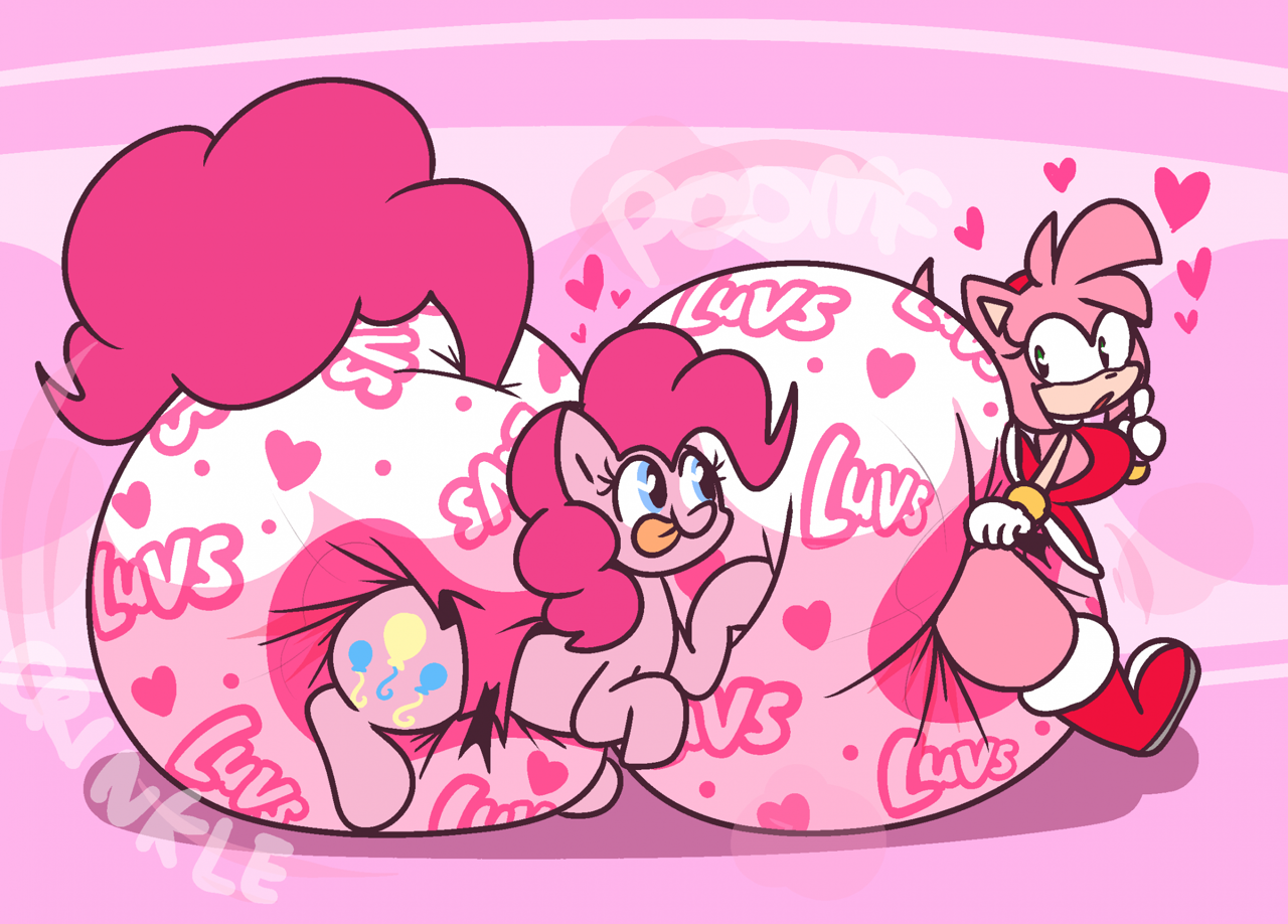 3024789 - safe, artist:shslsadcat, pinkie pie, earth pony, hedgehog, pony,  g4, amy rose, crossover, diaper, diaper fetish, fetish, impossibly large  diaper, non-baby in diaper, poofy diaper, sonic the hedgehog (series),  tongue out -