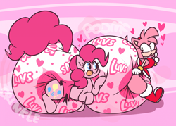 Size: 2266x1626 | Tagged: safe, artist:shslsadcat, pinkie pie, earth pony, hedgehog, pony, g4, amy rose, crossover, diaper, diaper fetish, fetish, impossibly large diaper, non-baby in diaper, poofy diaper, sonic the hedgehog (series), tongue out