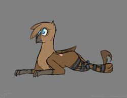 Size: 2600x2000 | Tagged: safe, artist:somber, oc, griffon, gray background, griffon oc, high res, lying down, prone, simple background, solo