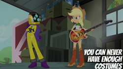 Size: 1920x1080 | Tagged: safe, edit, edited screencap, editor:quoterific, screencap, applejack, rarity, human, equestria girls, g4, my little pony equestria girls: rainbow rocks, applejack's hat, boots, clothes, confused, costume, cowboy boots, cowboy hat, crossed arms, daft punk, daft rarity, display, duo, duo female, female, freckles, frown, guitar, hat, helmet, looking at someone, musical instrument, outfit, shoes, sparkles