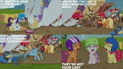 Size: 2000x1125 | Tagged: safe, edit, edited screencap, editor:quoterific, screencap, apple bloom, applejack, rainbow dash, rarity, scootaloo, sweetie belle, earth pony, pegasus, pony, unicorn, g4, the cart before the ponies, angry, apple bloom is not amused, broken, cart, crash, cutie mark crusaders, eyes closed, female, filly, foal, frown, helmet, leaves, mare, messy, open mouth, open smile, rage-breaking point, scootaloo is not amused, scuff mark, smiling, sweetie belle is not amused, unamused, wreckage